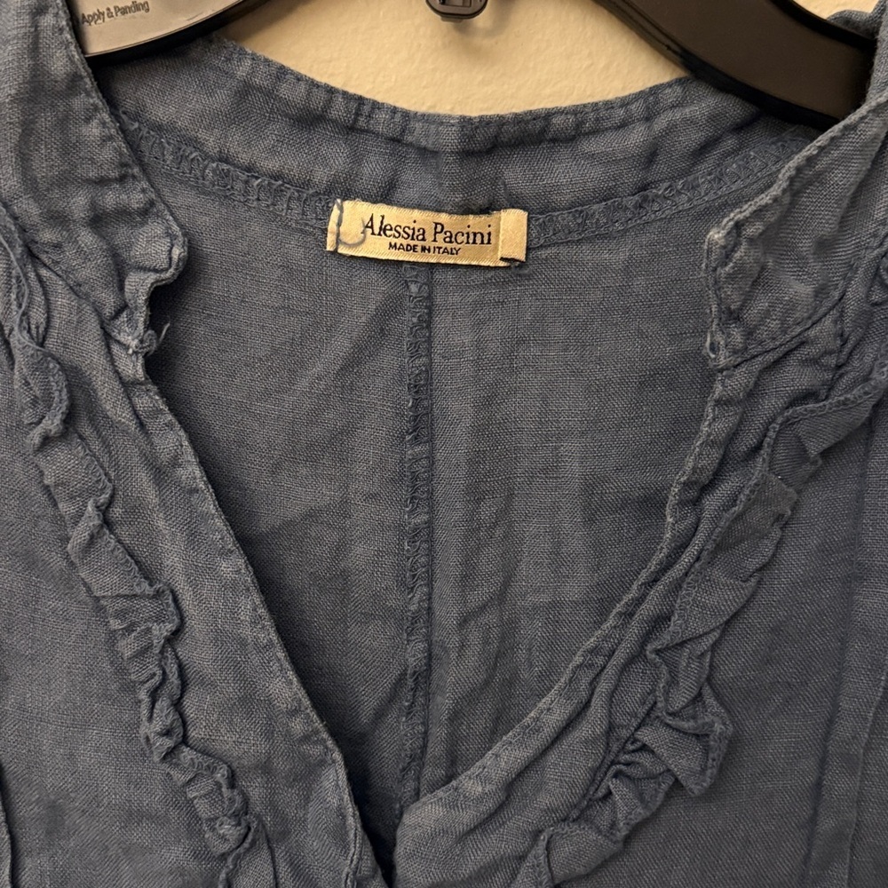 Alessia Pacini Linen Dress Womens L Ruffle V Neck Blue Beach Boho Cottage - Picture 2 of 7